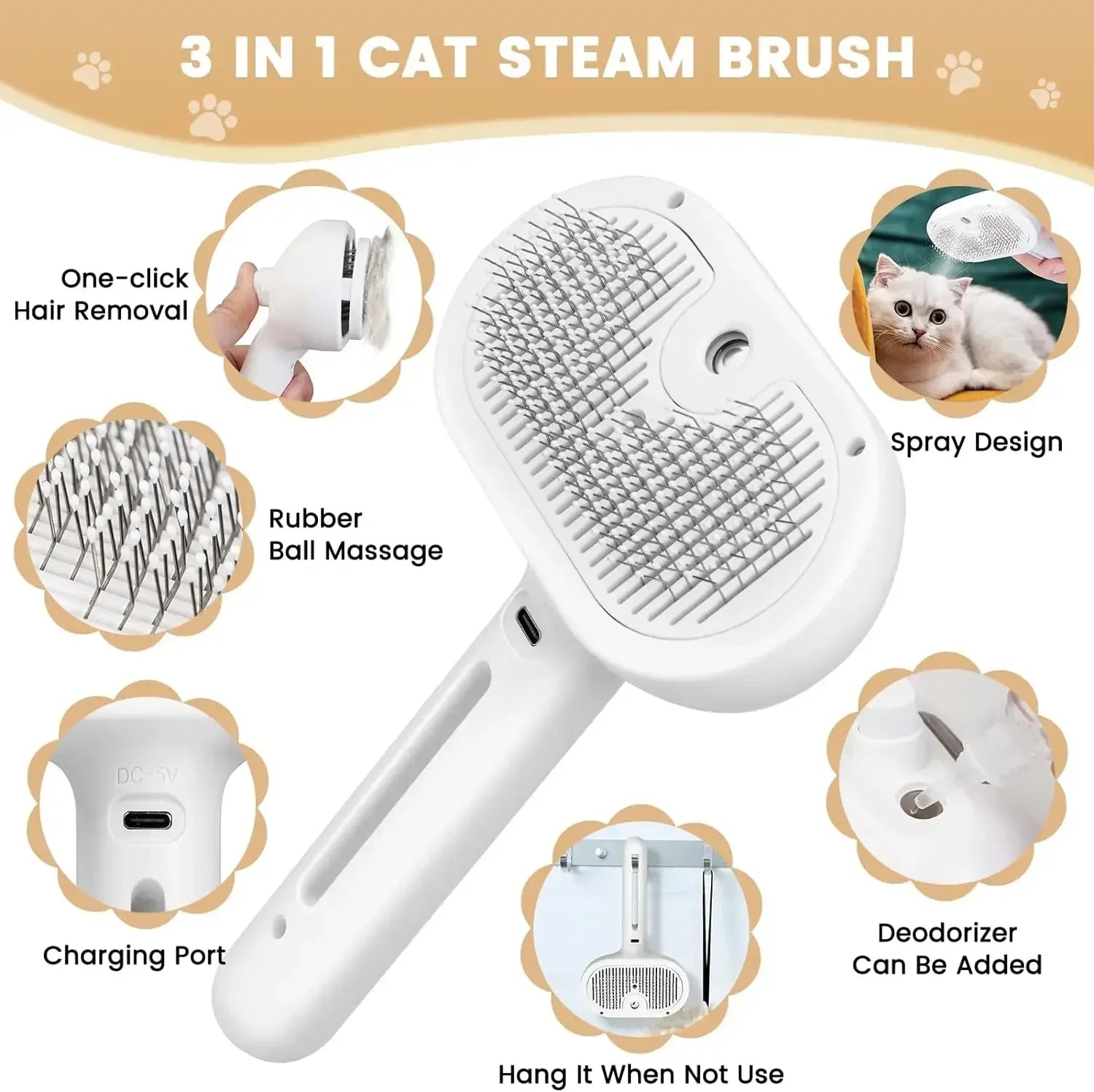 Comb Steamy Floating Hair Removal Cleaning Steam Brush Styling for Dogs and Cats - PeticaDeals