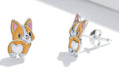 Sterling Silver Cute Corgi Open Ring Pet Animal Stud Earrings Enamel for Women