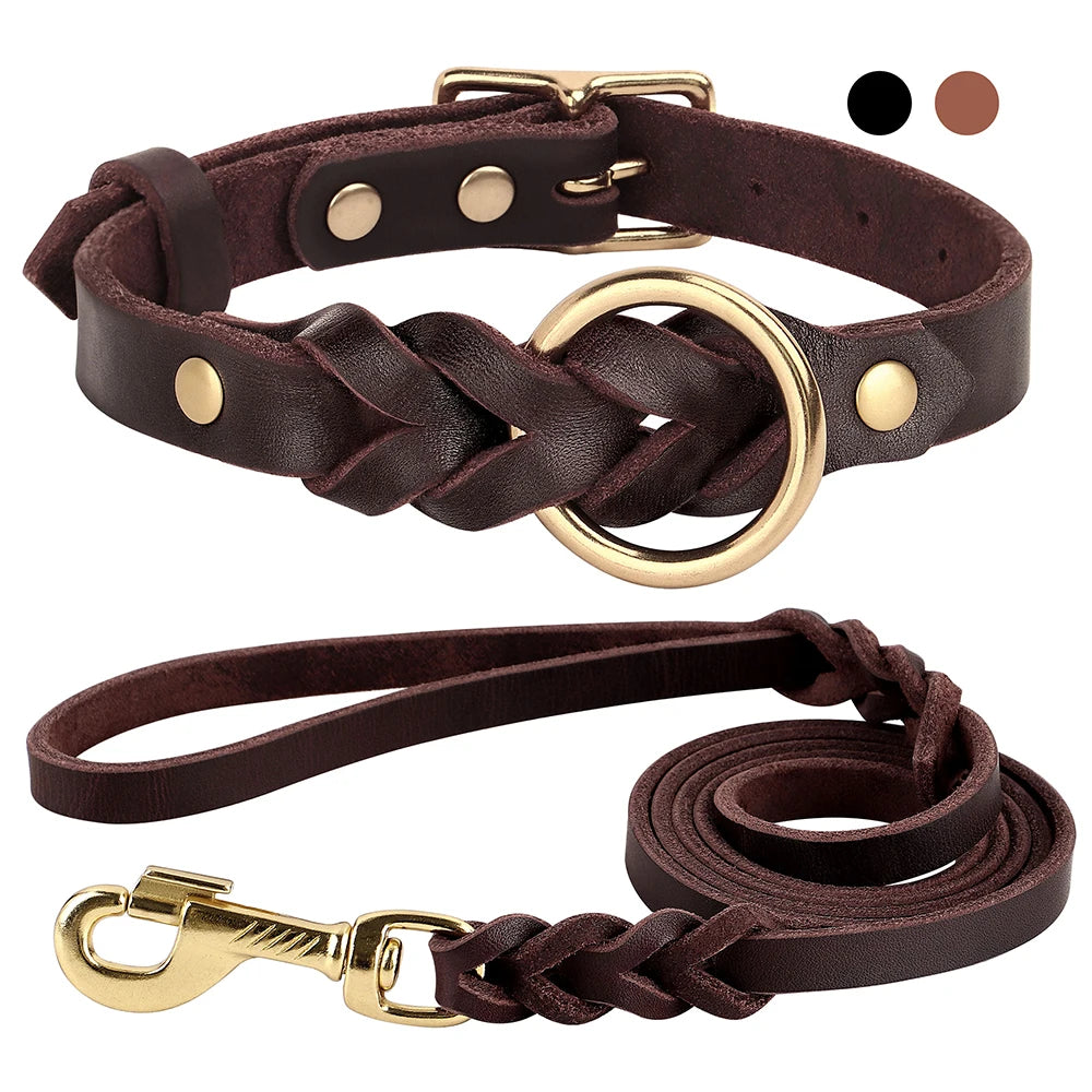 Set Durable Genuine Leather Dog Collars & Leash - PeticaDeals