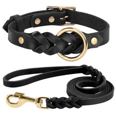 Set Durable Genuine Leather Dog Collars & Leash - PeticaDeals