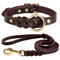 Set Durable Genuine Leather Dog Collars & Leash - PeticaDeals