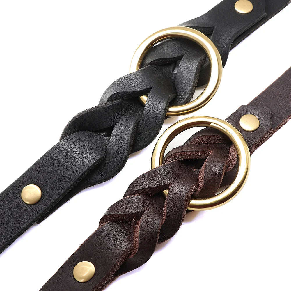 Set Durable Genuine Leather Dog Collars & Leash - PeticaDeals