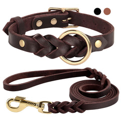 Set Durable Genuine Leather Dog Collars & Leash - PeticaDeals