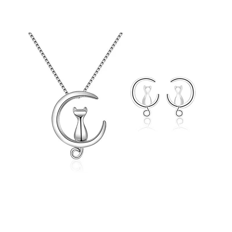 Silver Color Simple Cute Pet Cat Moon Jewelry Set - PeticaDeals