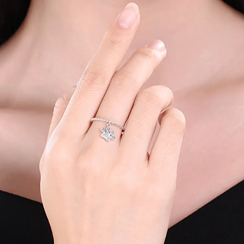 Silver Ring With Puppy Cat Paw Pendant Charm CZ Cute Rings for Women Jewelry Silver - PeticaDeals