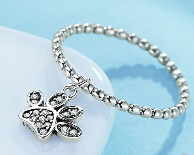 Silver Ring With Puppy Cat Paw Pendant Charm CZ Cute Rings for Women Jewelry Silver - PeticaDeals