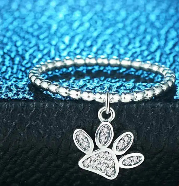 Silver Ring With Puppy Cat Paw Pendant Charm CZ Cute Rings for Women Jewelry Silver - PeticaDeals