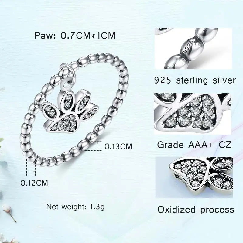 Silver Ring With Puppy Cat Paw Pendant Charm CZ Cute Rings for Women Jewelry Silver - PeticaDeals