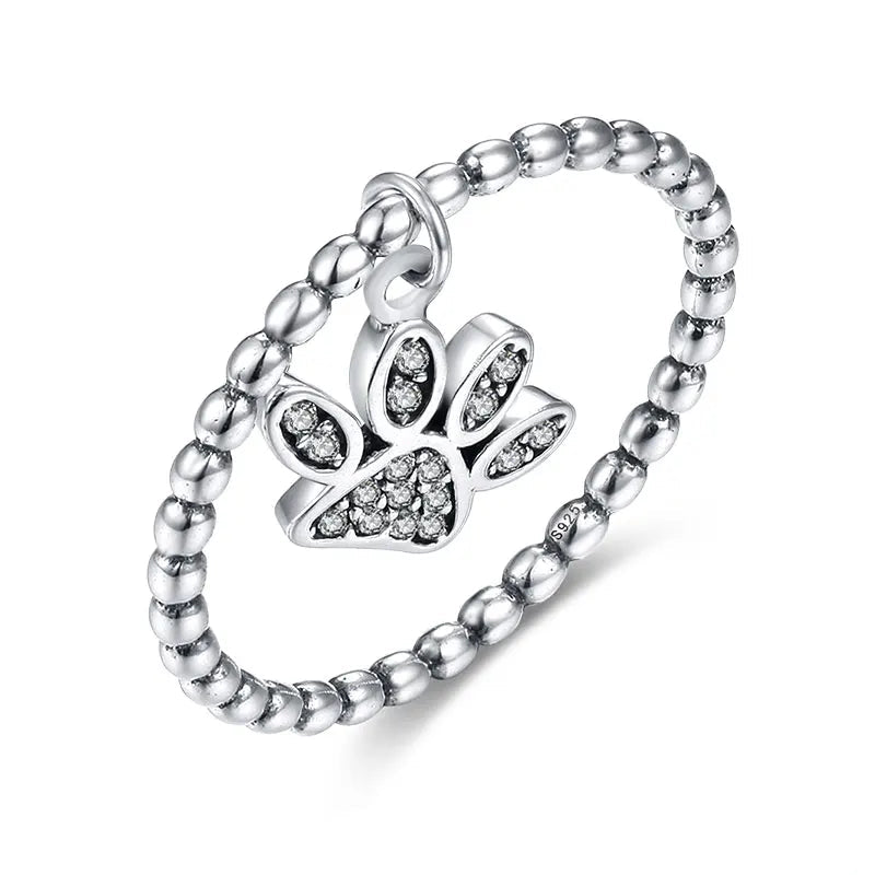 Silver Ring With Puppy Cat Paw Pendant Charm CZ Cute Rings for Women Jewelry Silver - PeticaDeals