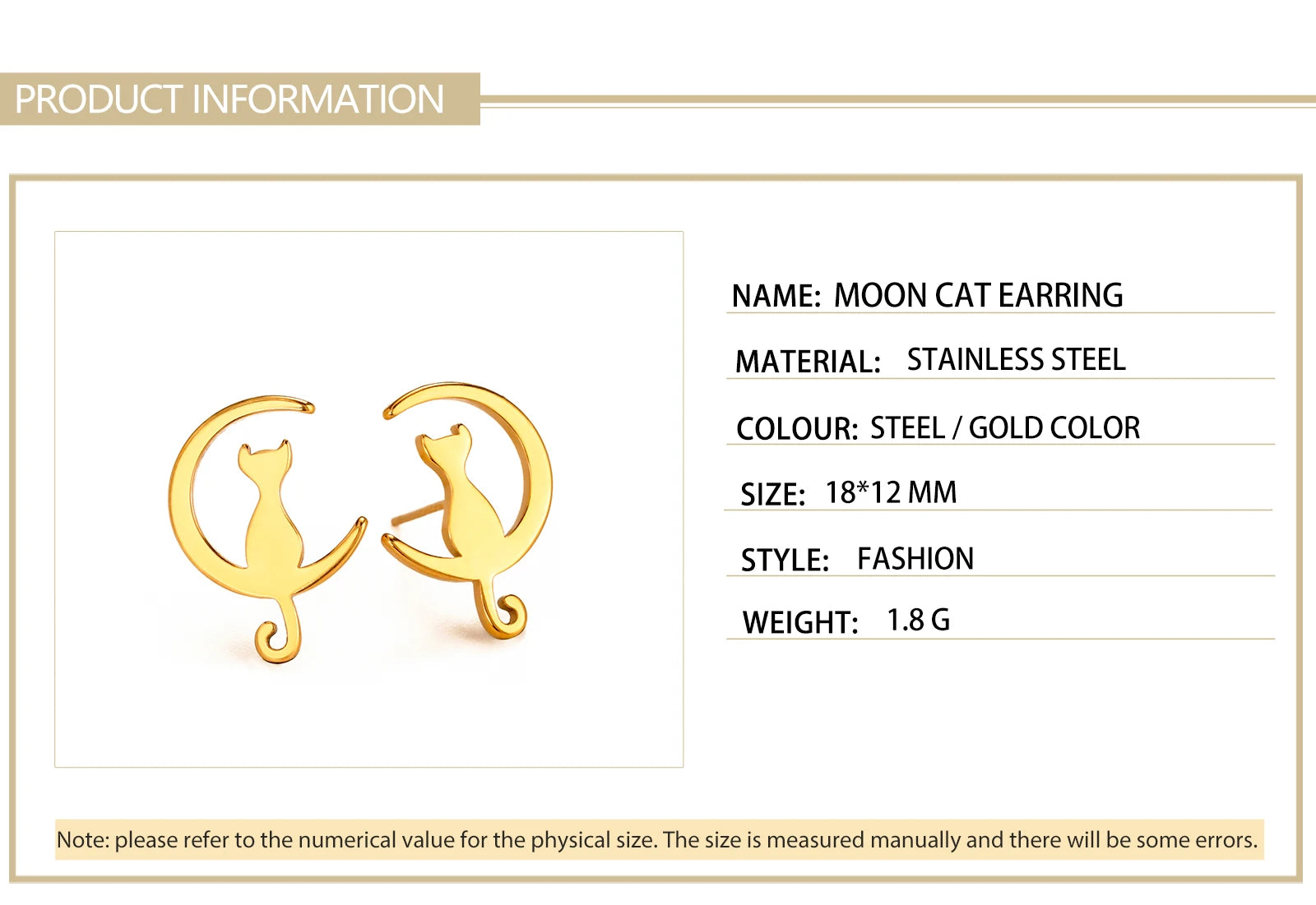 Simple Korean Style Ear Jewelry for Women Stainless Steel Moon Cat Stud Earring - PeticaDeals