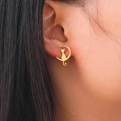 Simple Korean Style Ear Jewelry for Women Stainless Steel Moon Cat Stud Earring - PeticaDeals