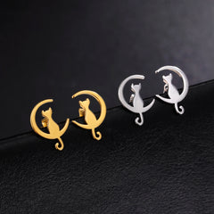 Simple Korean Style Ear Jewelry for Women Stainless Steel Moon Cat Stud Earring - PeticaDeals