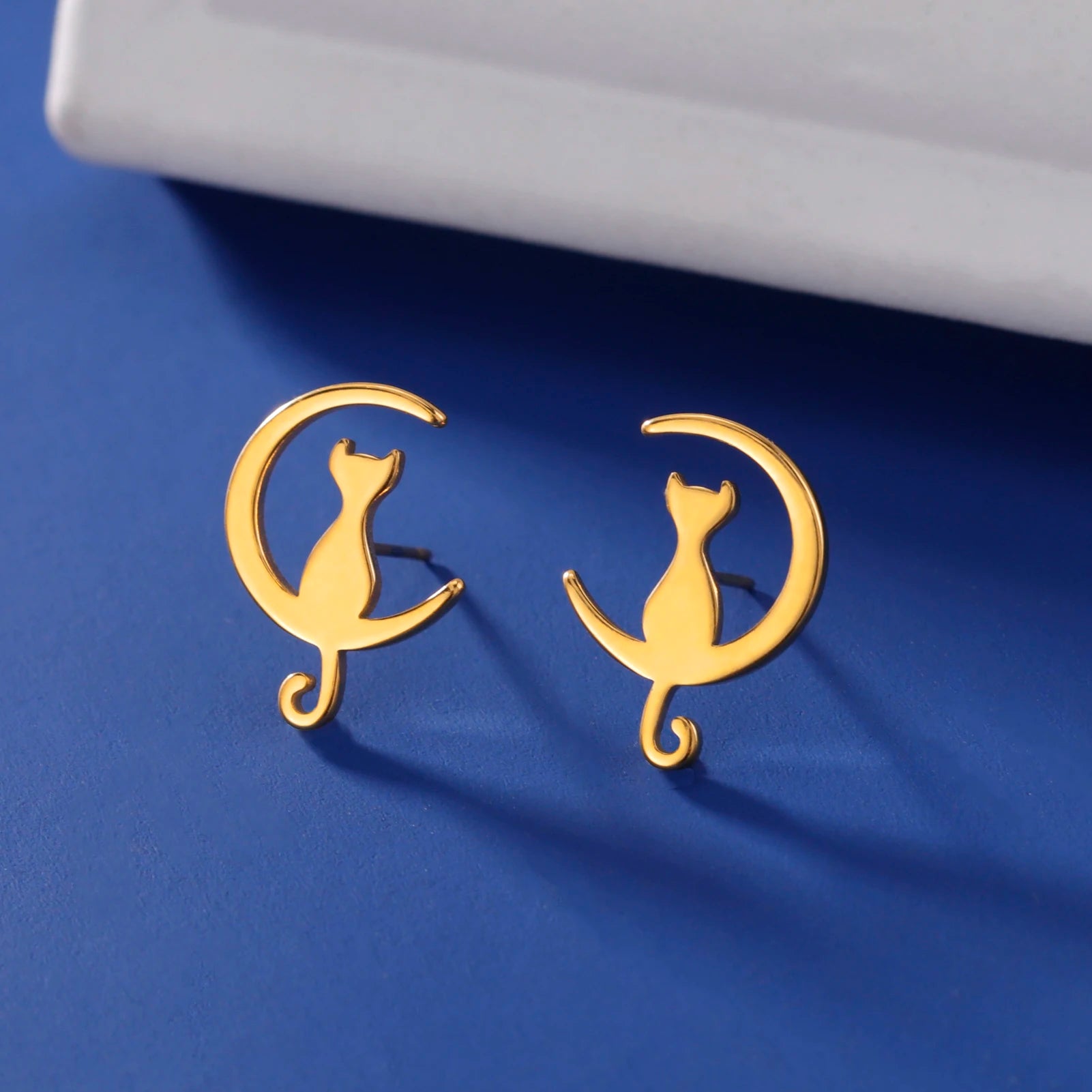 Simple Korean Style Ear Jewelry for Women Stainless Steel Moon Cat Stud Earring - PeticaDeals