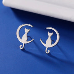 Simple Korean Style Ear Jewelry for Women Stainless Steel Moon Cat Stud Earring - PeticaDeals