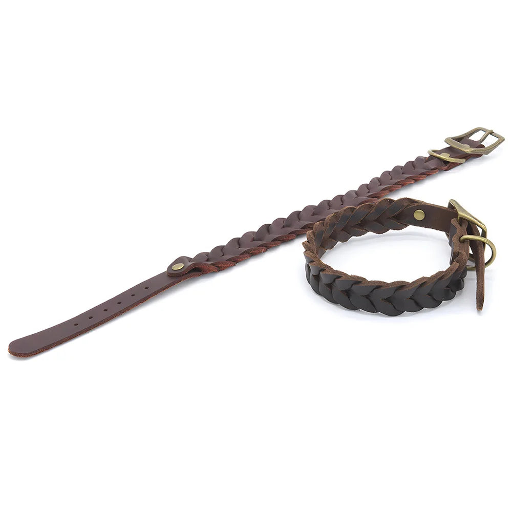 Soft Genuine Leather Braided Dog Collar Adjustable - PeticaDeals