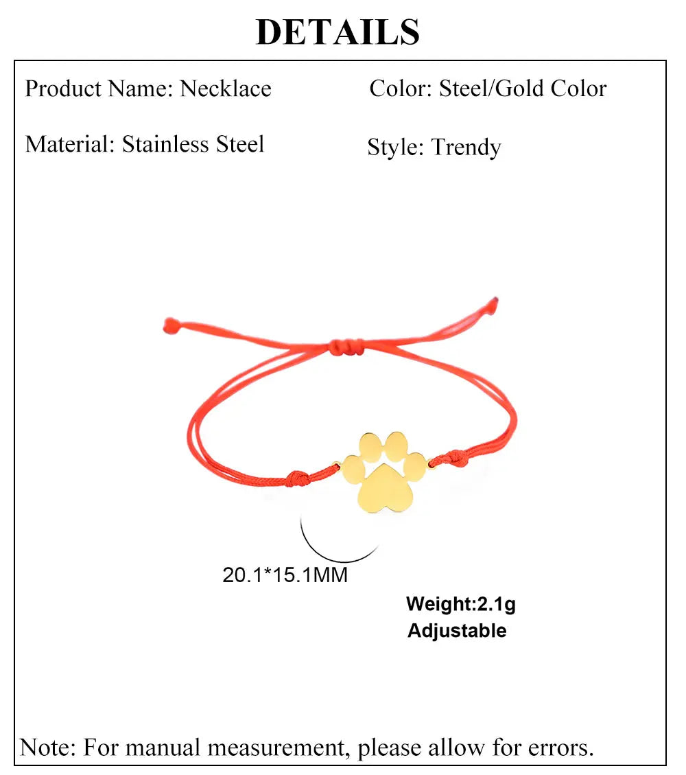 Stainless Steel Cute Animal Dog Cat Paw Charm Bracelets for Women Men Wax Rope Adjustable - PeticaDeals