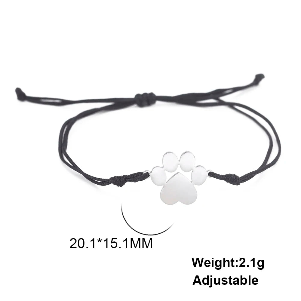 Stainless Steel Cute Animal Dog Cat Paw Charm Bracelets for Women Men Wax Rope Adjustable - PeticaDeals
