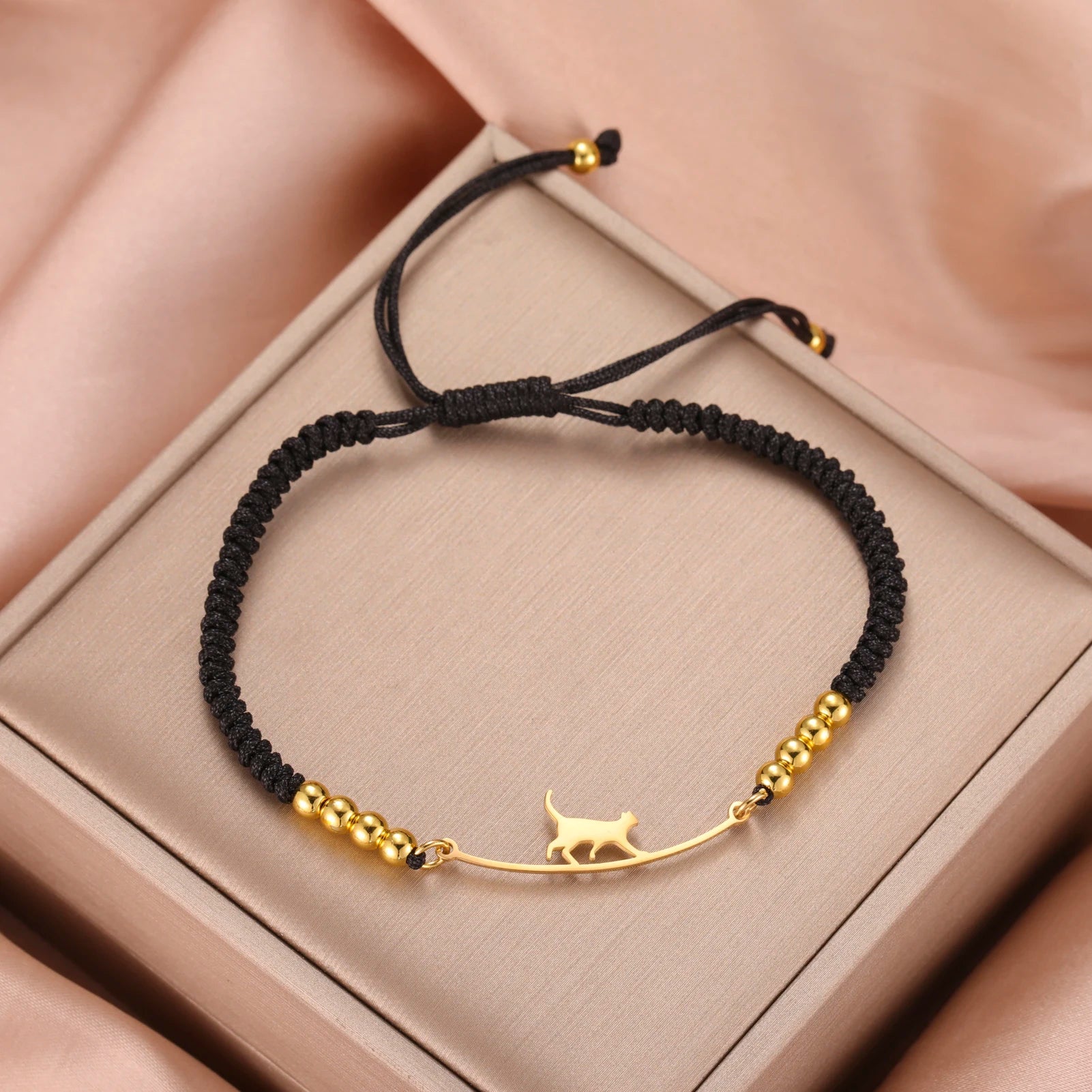 Stainless Steel Gold Color Cat Charm Bracelet for Girls' Braided Rope Bracelets - PeticaDeals