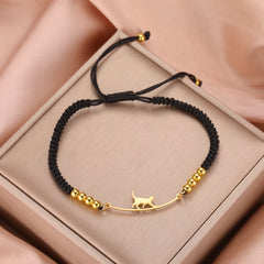 Stainless Steel Gold Color Cat Charm Bracelet for Girls' Braided Rope Bracelets - PeticaDeals