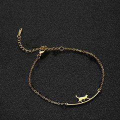 Stainless Steel Gold Color Cat Charm Bracelet for Girls' Braided Rope Bracelets - PeticaDeals