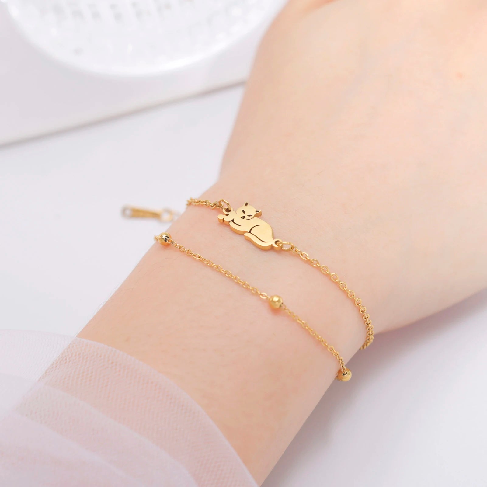 Stainless Steel Gold Color Cat Charm Bracelet for Girls' Braided Rope Bracelets - PeticaDeals
