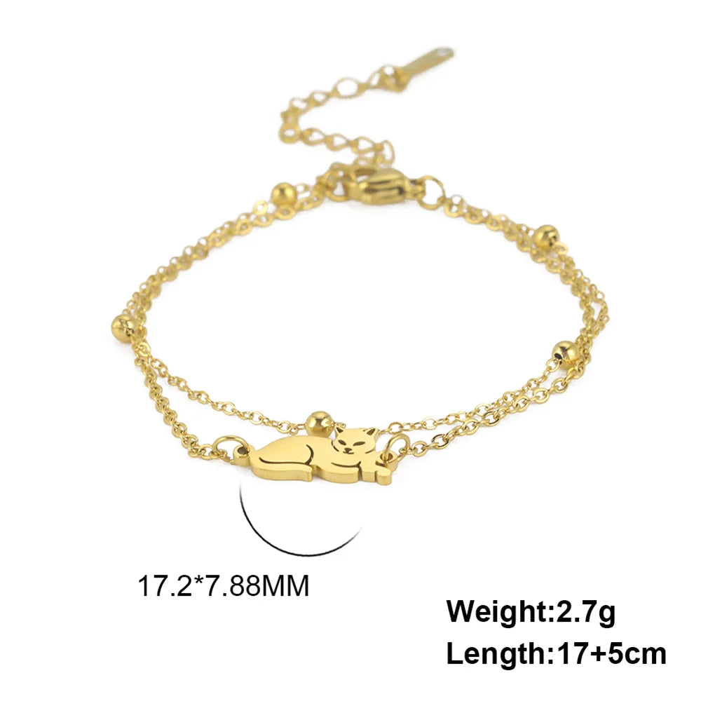 Stainless Steel Gold Color Cat Charm Bracelet for Girls' Braided Rope Bracelets - PeticaDeals