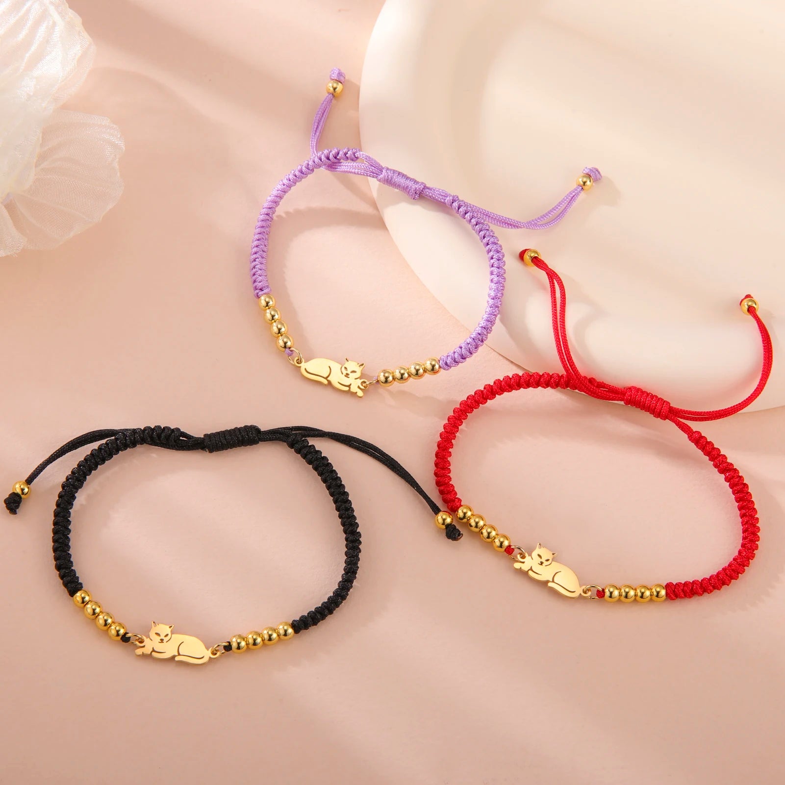 Stainless Steel Gold Color Cat Charm Bracelet for Girls' Braided Rope Bracelets - PeticaDeals