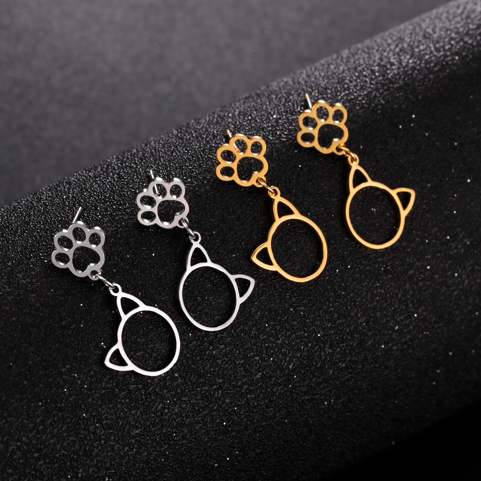 Stainless Steel Gold Color Stud Earrings Cute Cat Paw - PeticaDeals