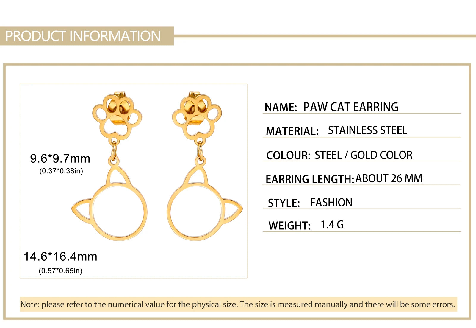 Stainless Steel Gold Color Stud Earrings Cute Cat Paw - PeticaDeals