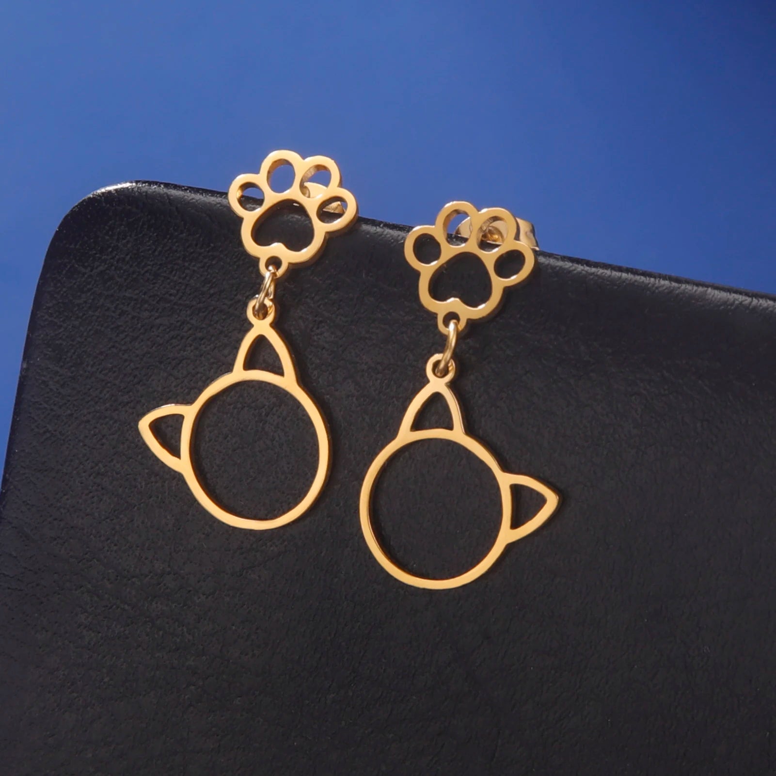 Stainless Steel Gold Color Stud Earrings Cute Cat Paw - PeticaDeals