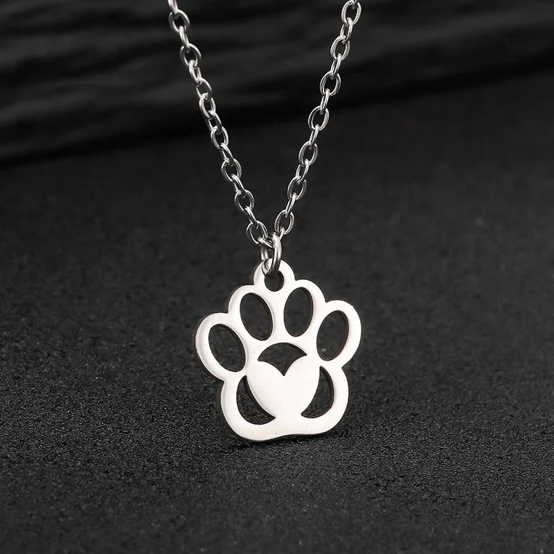 Stainless Steel Necklace Choker Paw Pendant with Heart - PeticaDeals