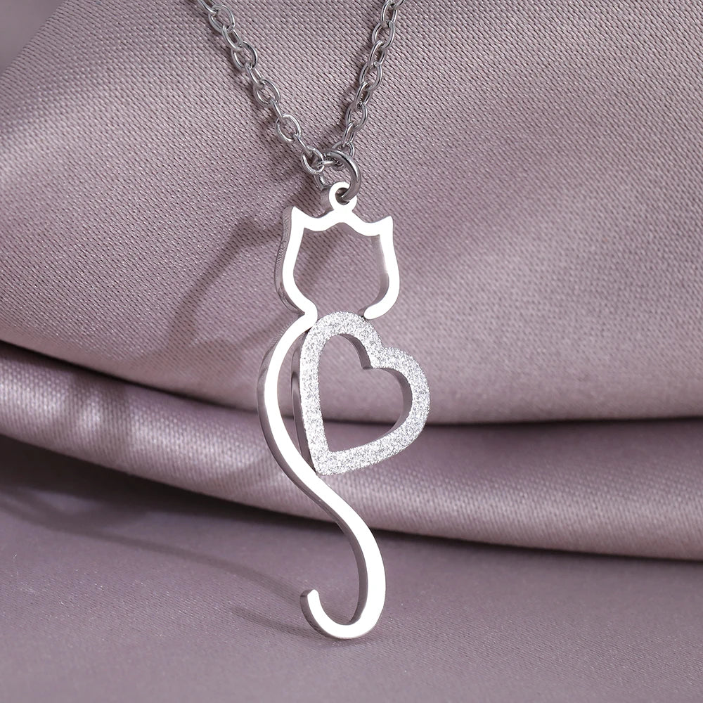 Stainless Steel Necklaces Heart Cat Cute Necklace For Women - PeticaDeals