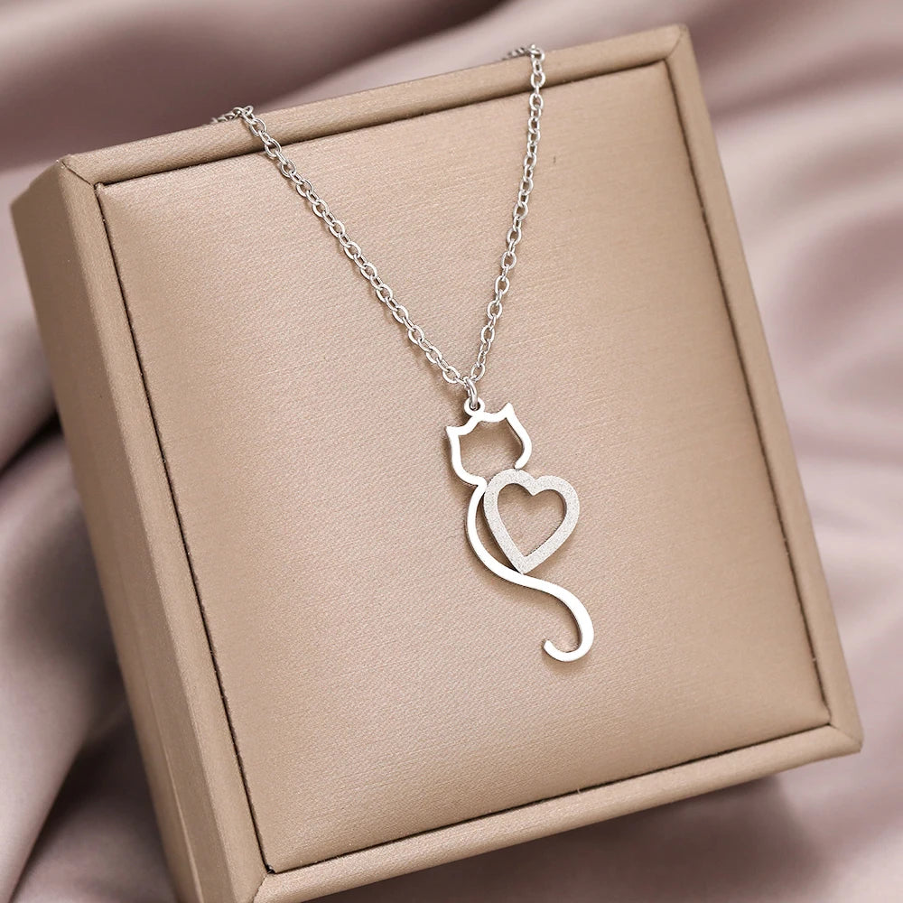 Stainless Steel Necklaces Heart Cat Cute Necklace For Women - PeticaDeals