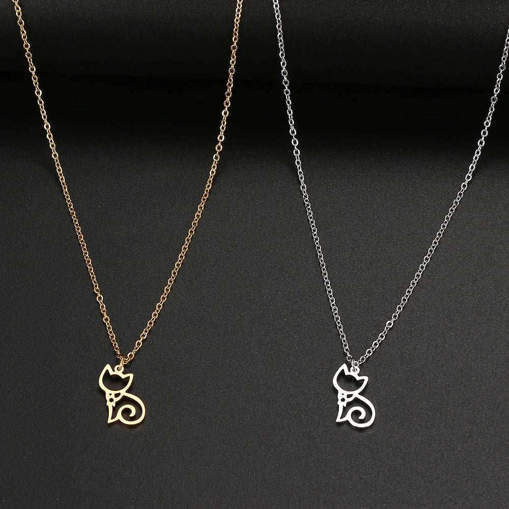 Stainless Steel Necklaces Line Cat Pendants Chain Jewellery Fashion Necklace For Women Jewelry - PeticaDeals