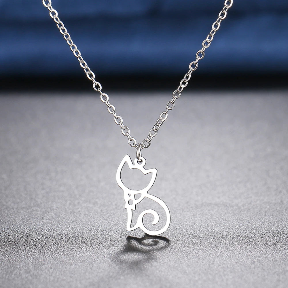 Stainless Steel Necklaces Line Cat Pendants Chain Jewellery Fashion Necklace For Women Jewelry - PeticaDeals