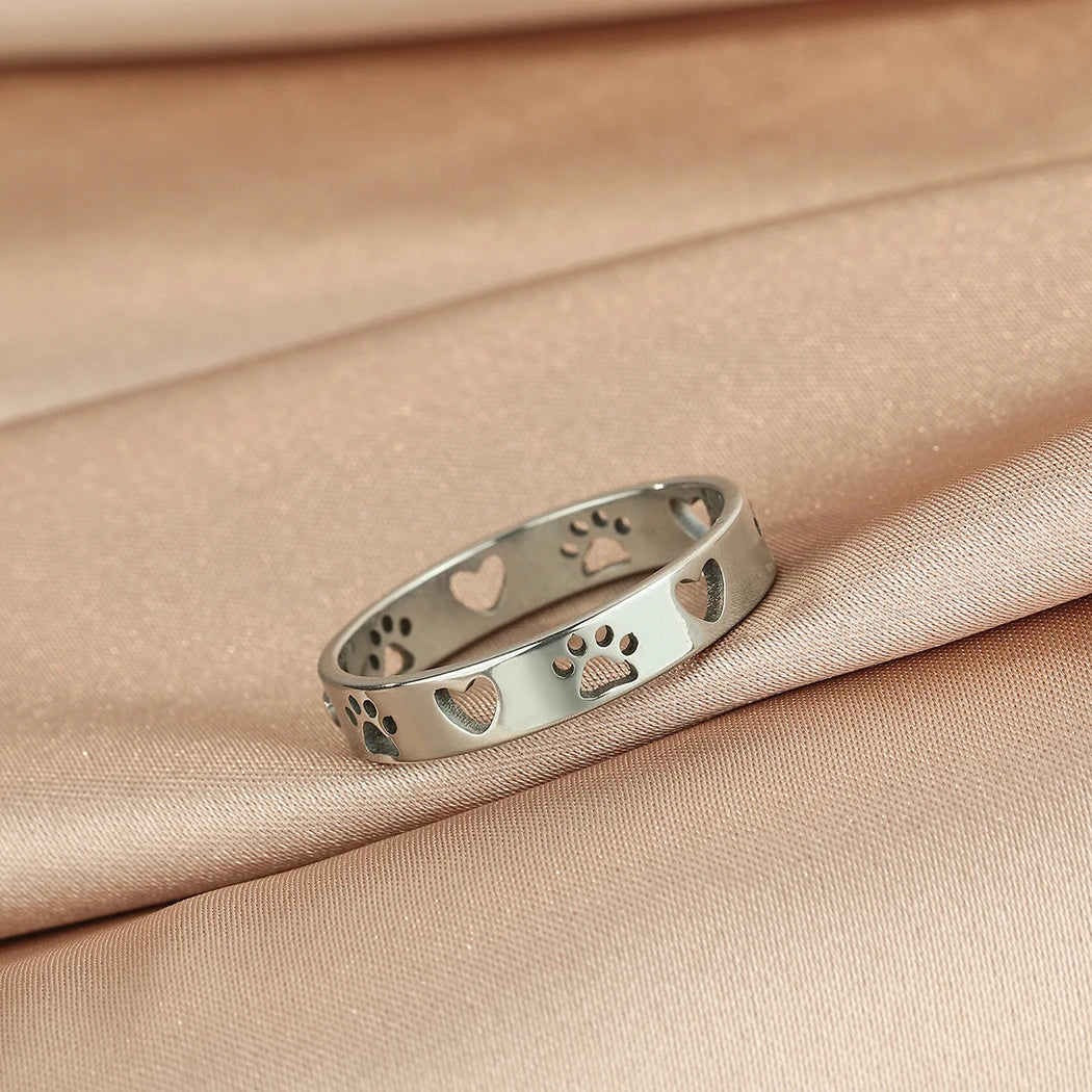 Stainless Steel Paw Print Ring Pet Memorial - PeticaDeals