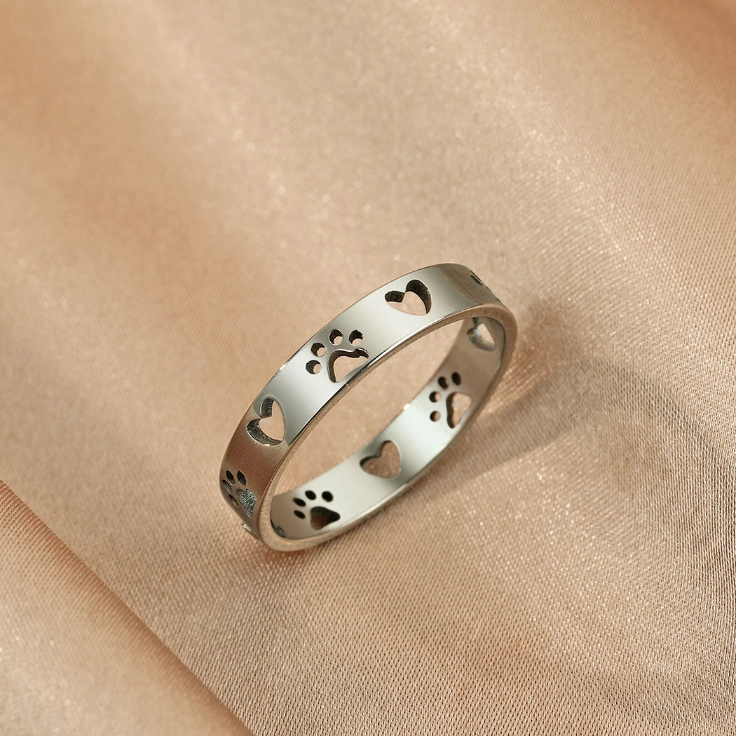 Stainless Steel Paw Print Ring Pet Memorial - PeticaDeals