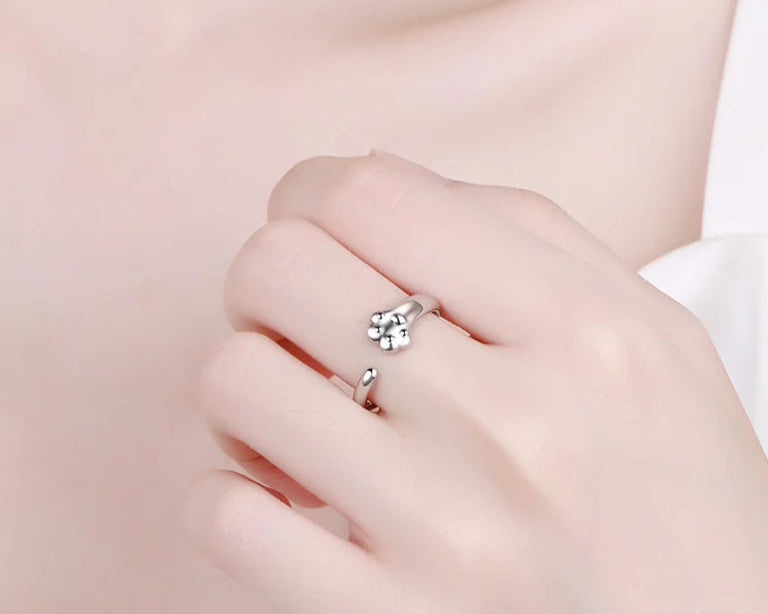 Sterling Silver Adjustable Cat And Dog Footprints Pet Paw Trail Rings for Women - PeticaDeals