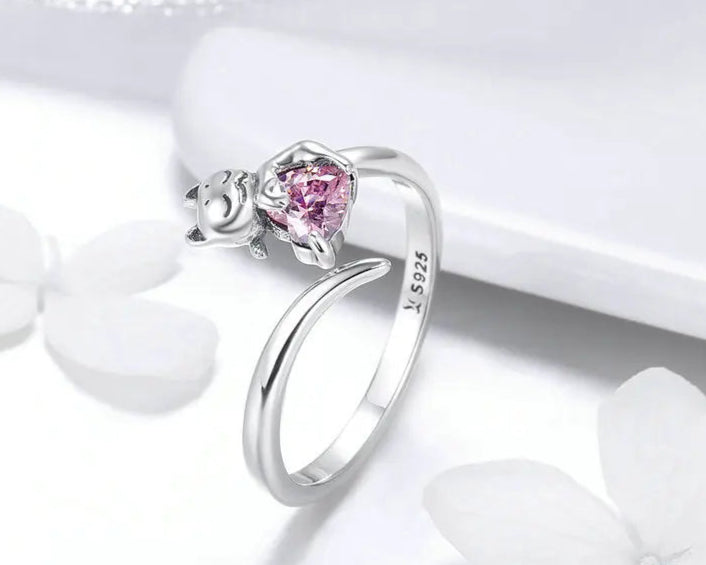 Sterling Silver Adorable Cat Pink CZ Adjustable Finger Rings for Women - PeticaDeals
