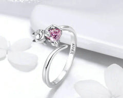 Sterling Silver Adorable Cat Pink CZ Adjustable Finger Rings for Women - PeticaDeals