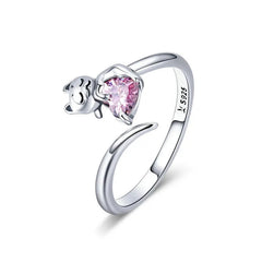 Sterling Silver Adorable Cat Pink CZ Adjustable Finger Rings for Women - PeticaDeals