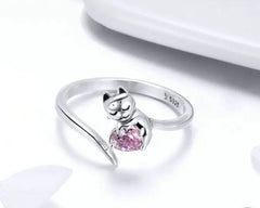Sterling Silver Adorable Cat Pink CZ Adjustable Finger Rings for Women