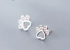 Sterling Silver Animal Dog Cat Paw Pink Twinkling CZ Stud Earring For Women - PeticaDeals