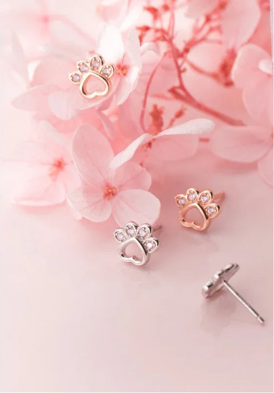 Sterling Silver Animal Dog Cat Paw Pink Twinkling CZ Stud Earring For Women - PeticaDeals