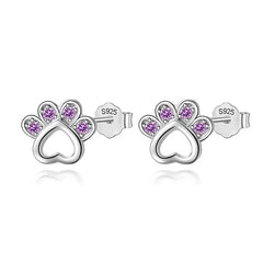 Sterling Silver Animal Dog Cat Paw Pink Twinkling CZ Stud Earring For Women - PeticaDeals