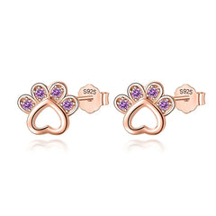 Sterling Silver Animal Dog Cat Paw Pink Twinkling CZ Stud Earring For Women - PeticaDeals
