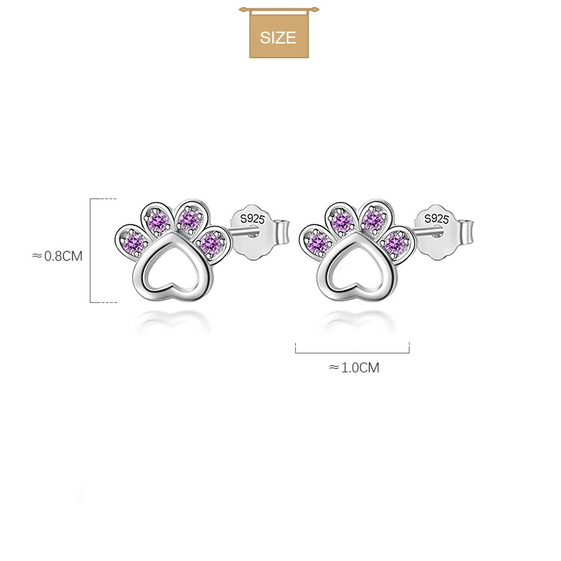 Sterling Silver Animal Dog Cat Paw Pink Twinkling CZ Stud Earring For Women - PeticaDeals