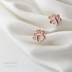 Sterling Silver Animal Dog Cat Paw Pink Twinkling CZ Stud Earring For Women - PeticaDeals