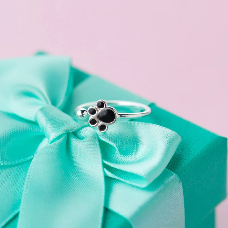 Sterling Silver Black Enamel Cat Paw Adjustable Ring For Fashion Women - PeticaDeals
