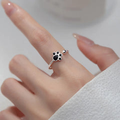 Sterling Silver Black Enamel Cat Paw Adjustable Ring For Fashion Women - PeticaDeals